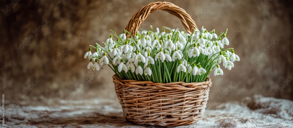 Poster spring flower arrangement with snowdrop blossoms displayed in a rustic wicker basket on a textured b
