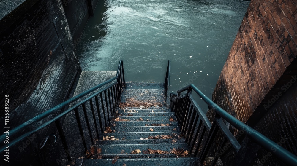 Poster staircase descending into tranquil canal waters with autumn leaves and rich textures in a moody atmo