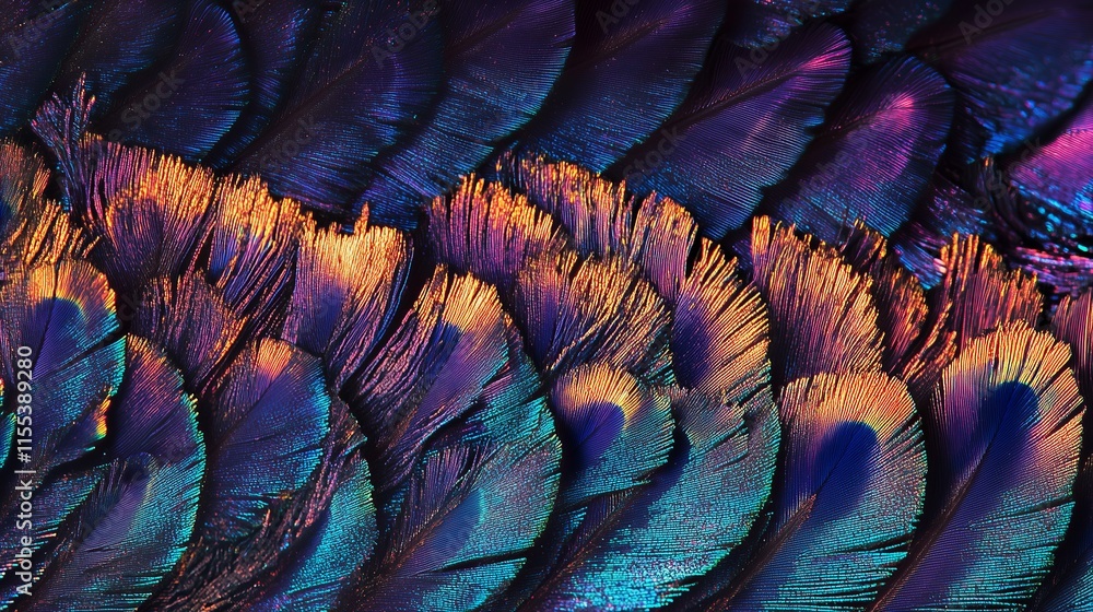 Poster close-up macro shot of vibrant peacock feather displaying intricate patterns