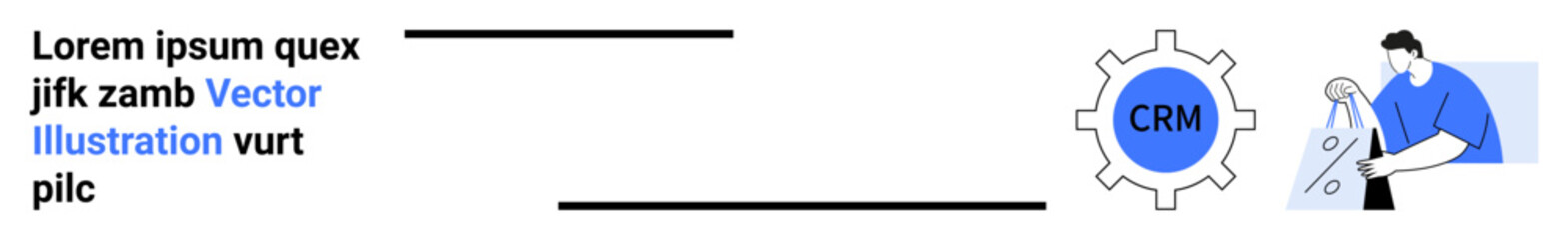 Gear icon labeled CRM, person holding a chart, and placeholder text. Ideal for CRM software, data analysis, business strategies, project management, customer support marketing automation. Landing