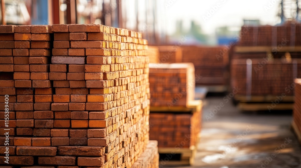 Poster stacked red bricks in a construction yard showcasing texture and depth with soft natural lighting on