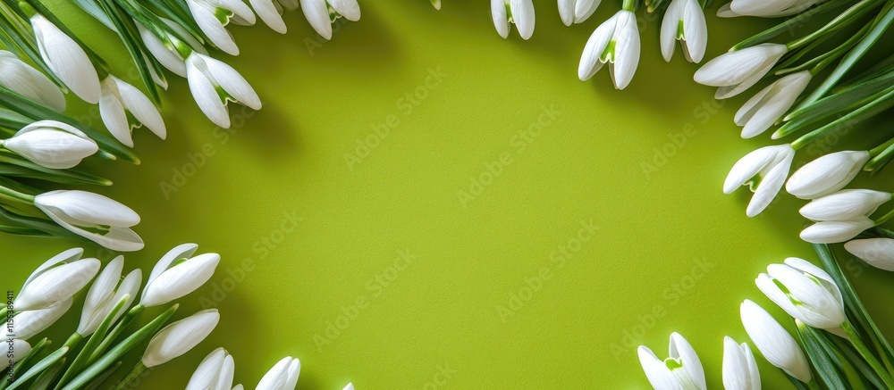 Poster white snowdrop flowers arranged in a circular pattern on a vibrant green background with ample space