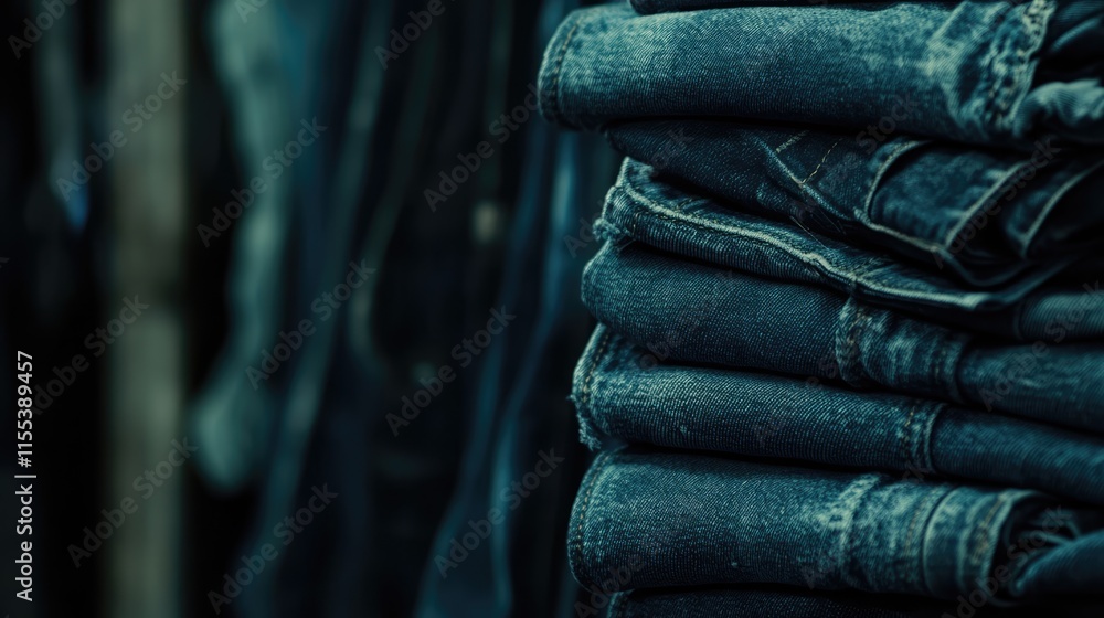 Poster stack of folded jeans creating a textured background with a soft focus for textile and fashion theme