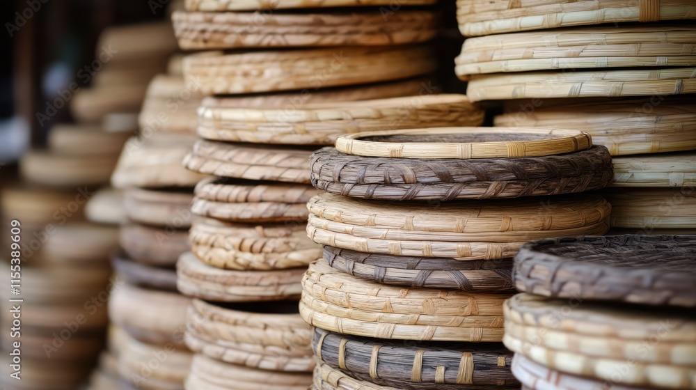 Aufkleber neatly arranged rattan stacks highlighting intricate patterns and textures in natural materials for 