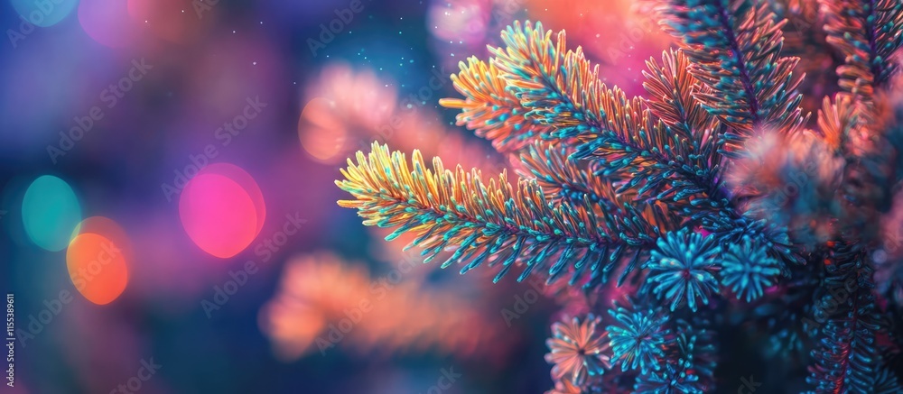 Poster close up of spruce branches illuminated by colorful bokeh lights creating a festive and vibrant atmo
