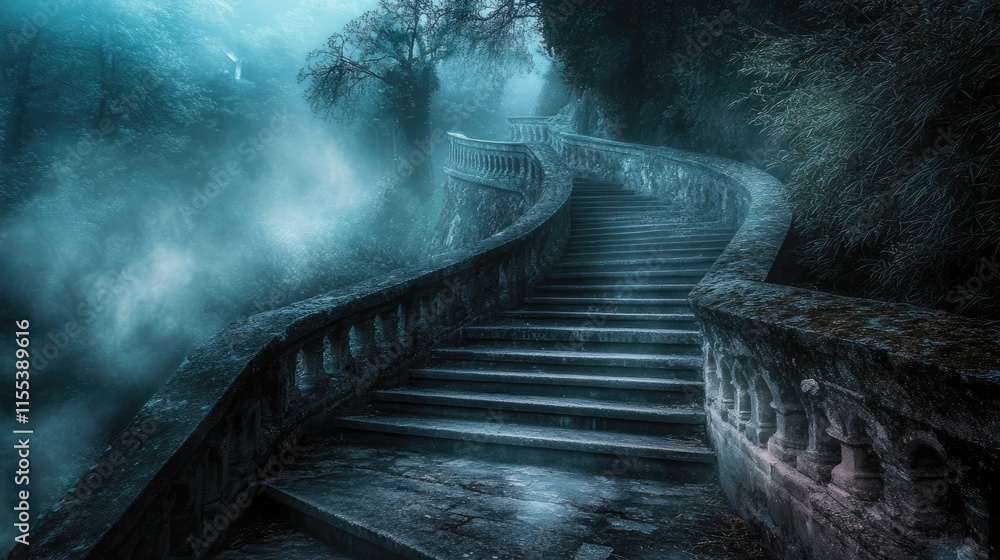 Poster Mysterious winding staircase in an enchanted forest shrouded in fog and ethereal light creating a sense of intrigue and adventure