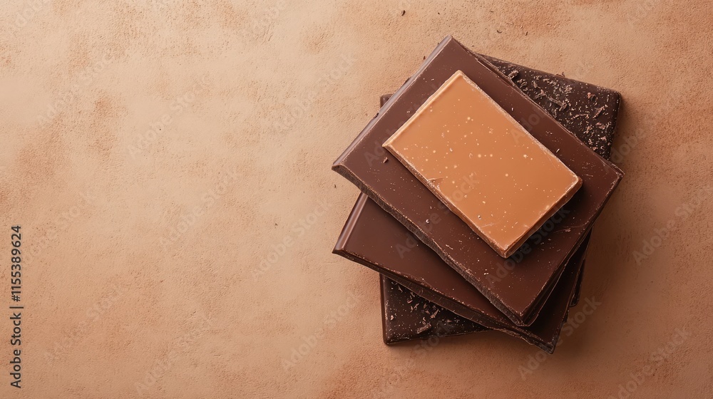 Aufkleber assorted chocolate bars stacked on a rustic background with room for text or branding various flavor