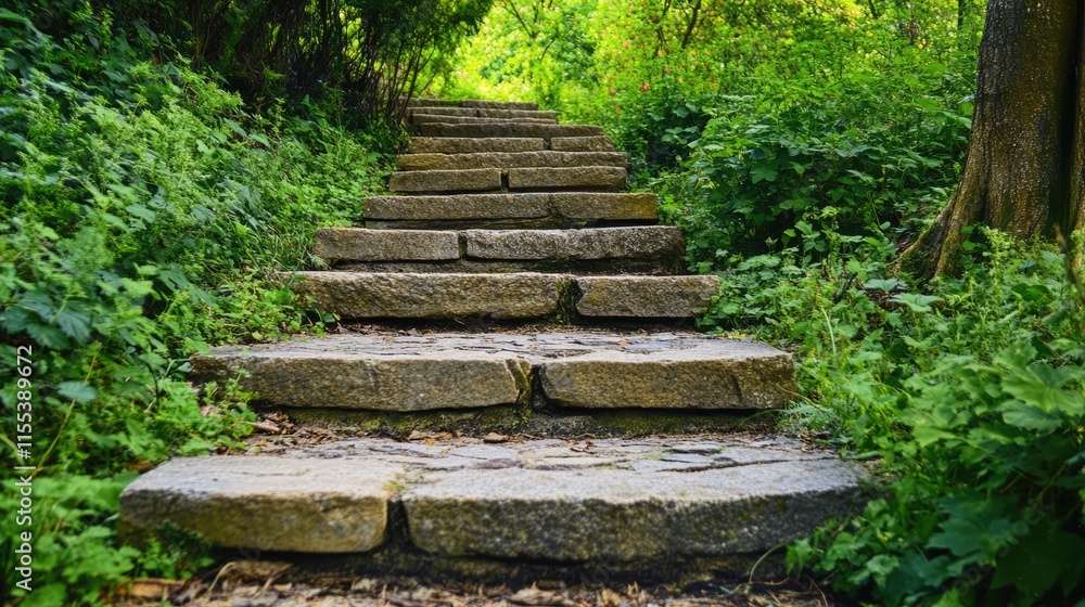 Aufkleber stone staircase surrounded by lush greenery in a serene forest setting inviting exploration and tran