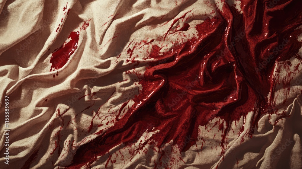 Poster vivid red oil paint stains on textured white fabric creating an abstract composition of colors and p