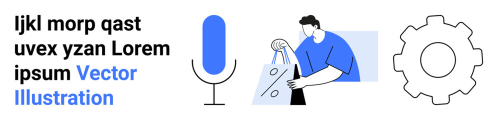 Microphone icon, person holding a shopping bag, gear icon for settings. Ideal for online shopping, technology usage, app development, user interaction, customization, e-commerce landing page