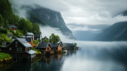Fototapeta premium Majestic Mountain Lakeside Village in Misty Fjords