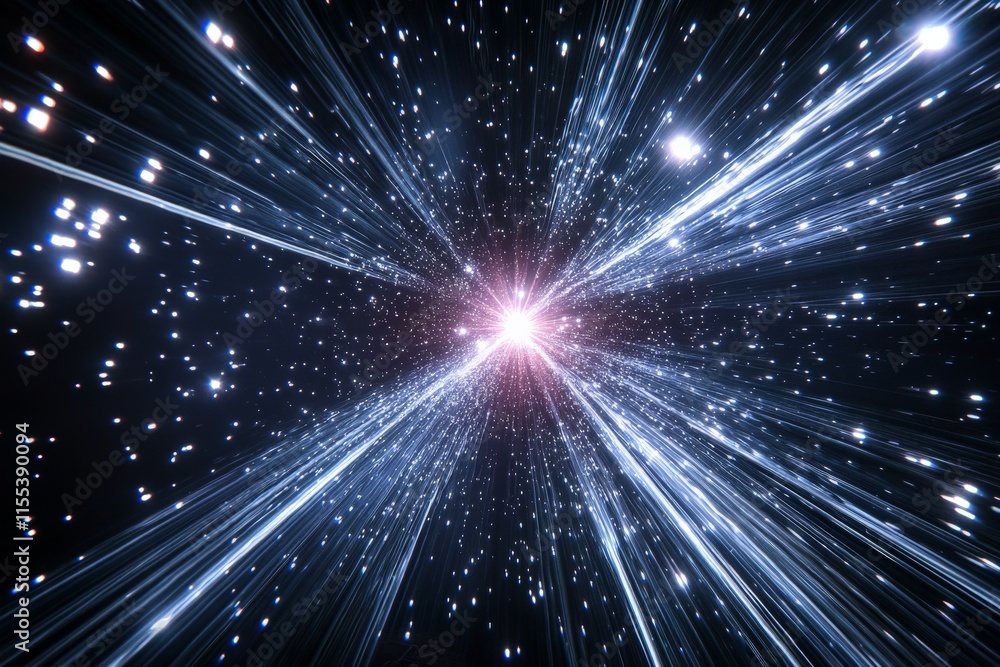 Poster The image depicts a dazzling starburst pattern with streams of light and twinkling stars, creating a sense of vastness and mystery, symbolizing cosmic exploration.