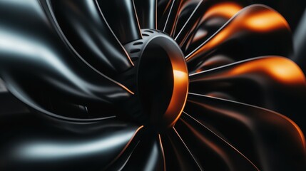 A close-up look at a black turbine rotor with vibrant orange reflections, suggesting energy, power, and the intricate facets of modern engineering prowess.