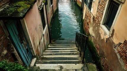 Staircase leading to serene canal in historic urban setting showcasing charming architecture and aquatic reflections