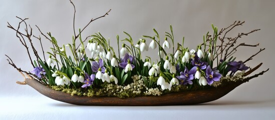 Spring floral arrangement with white snowdrops purple violets and natural willow twigs in a decorative wooden bowl