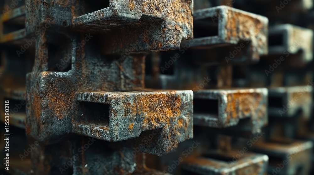 Poster rusty metal reinforcement bars stacked closely in an industrial setting showcasing weathered texture