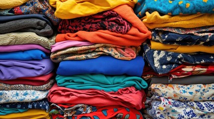 Colorful stack of neatly folded clothes showcasing a variety of fabrics and patterns on a textured background for fashion or home organization themes