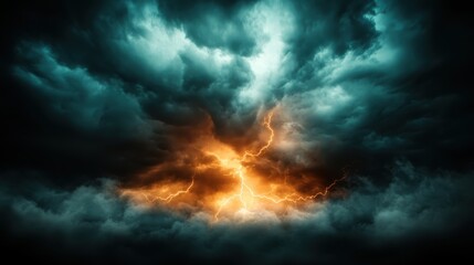 Obraz premium A powerful and dramatic scene of vivid orange lightning illuminating dark, stormy clouds, capturing the essence of nature's raw, majestic fury and energy.