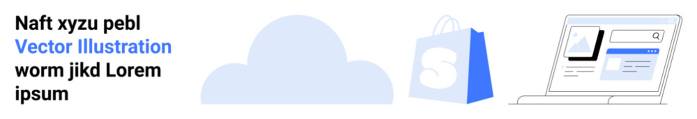Cloud shape, blue shopping bag with bag, and laptop screen. Ideal for online shopping, e-commerce platforms, technology services, cloud storage, and digital transactions. Landing page