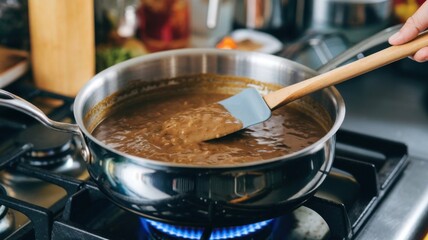 Close-Up Shot of a Pan with a Spatula in Hand Mixing Gravy Sauce, Capturing the Culinary Process of Stirring Ingredients During Home Cooking in the Kitchen