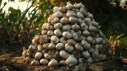 Pyramid of freshly harvested garlic bulbs arranged in a rustic outdoor setting highlighting farm produce and agricultural abundance.