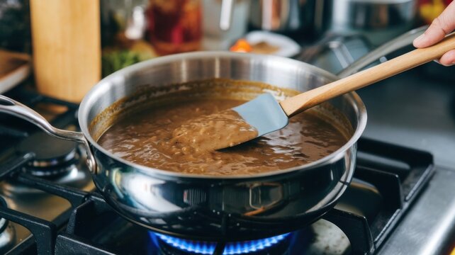 Close-Up Shot of a Pan with a Spatula in Hand Mixing Gravy Sauce, Capturing the Culinary Process of Stirring Ingredients During Home Cooking in the Kitchen