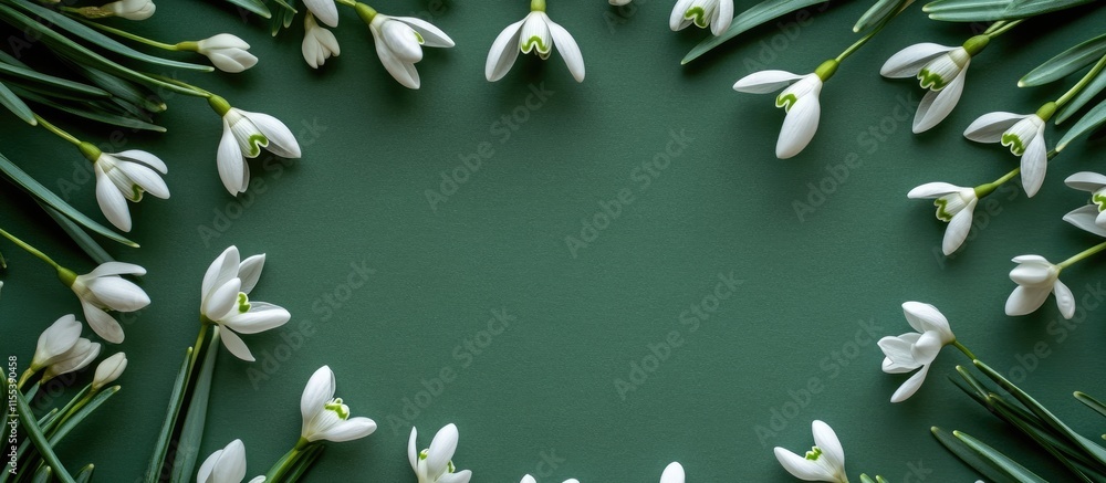 Poster spring flowers white snowdrops arranged in a circular layout on a vibrant green background suitable 
