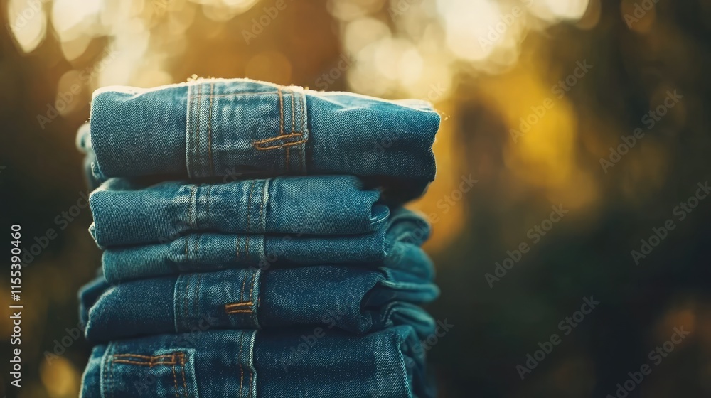 Poster stack of folded denim jeans with a warm blurred background showcasing texture and softness in a natu