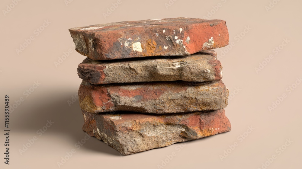 Poster vintage red brick stack with weathered textures for construction and design concepts in architecture