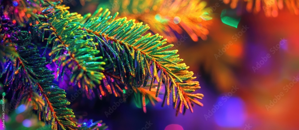 Poster close up of spruce branches illuminated by vibrant multicolored lights creating a festive and enchan