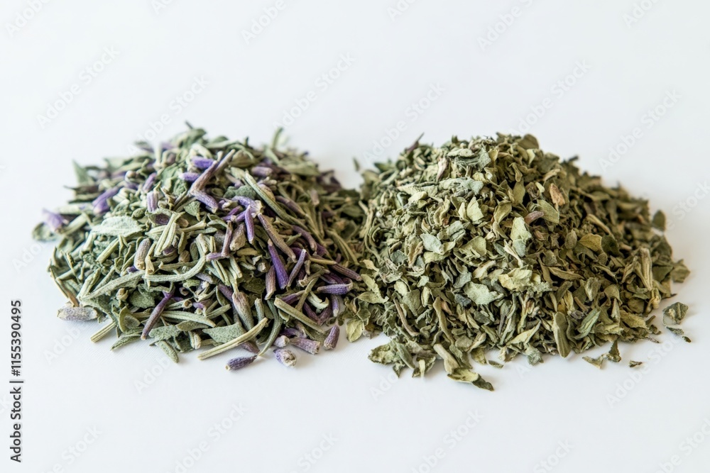 Poster a mixture of dried herbs with muted hues on a surface, showcasing rich textures and inviting the vie