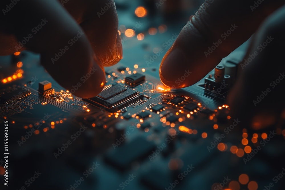 Poster this detailed image shows hands delicately interacting with an illuminated circuit board, evoking th