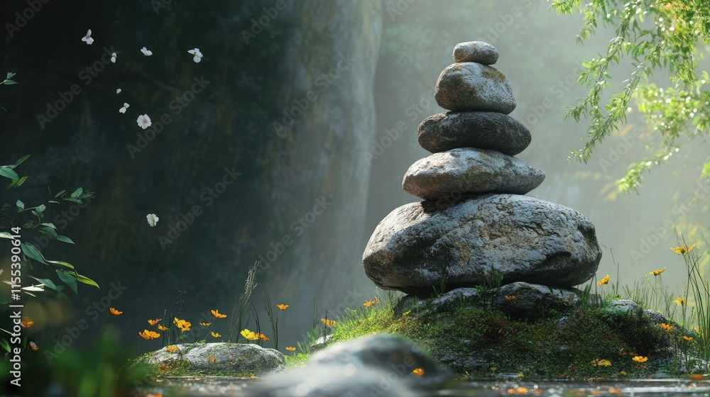 Poster balanced stone stack in serene nature with gentle light and soft foliage background for tranquility 