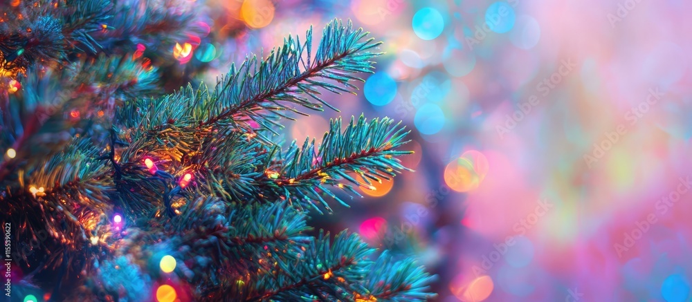 Poster close up of spruce tree branches adorned with colorful festive lights creating a magical and vibrant