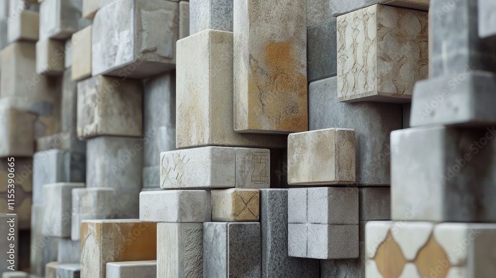 Poster textured stack of layered tiles in varying shades and patterns for interior design and architectural
