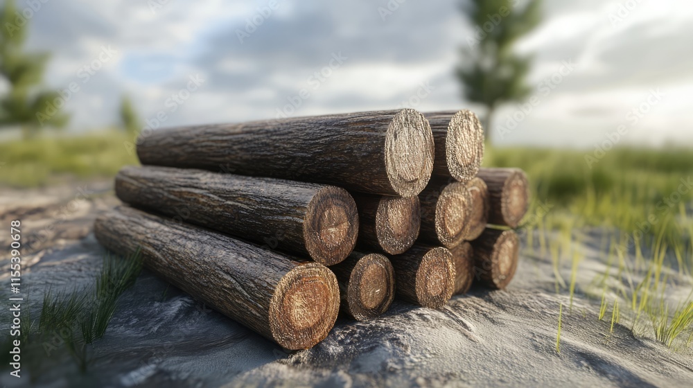 Poster stacked tree logs on a forest floor surrounded by greenery under a bright sky showcasing nature and 