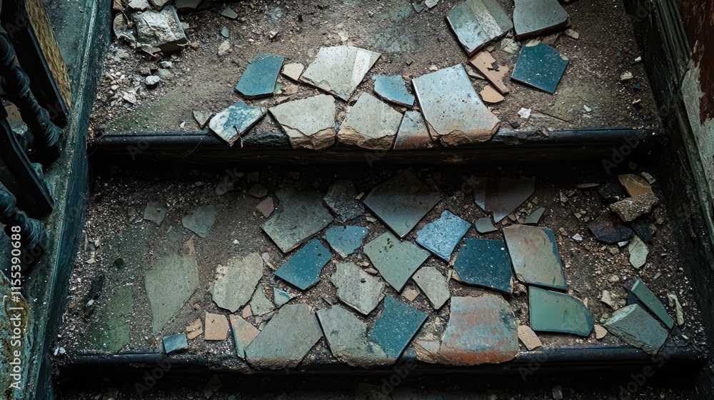 Poster damaged staircase with broken tiles and debris creating a rustic, abandoned atmosphere in an old bui