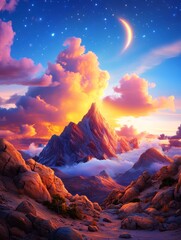 Majestic Mountain Sunset - Serene landscape, vibrant sunset, majestic peak, crescent moon, peaceful clouds. Symbolizes tranquility, aspiration, beauty, wonder, and hope.