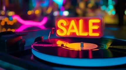 Vinyl record player with colorful neon lights