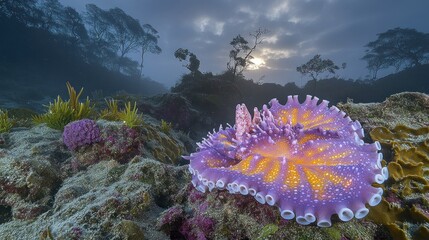 Vibrant sea slug, intricate patterns and colors, nestled amongst coral and kelp in underwater landscape at sunrise.