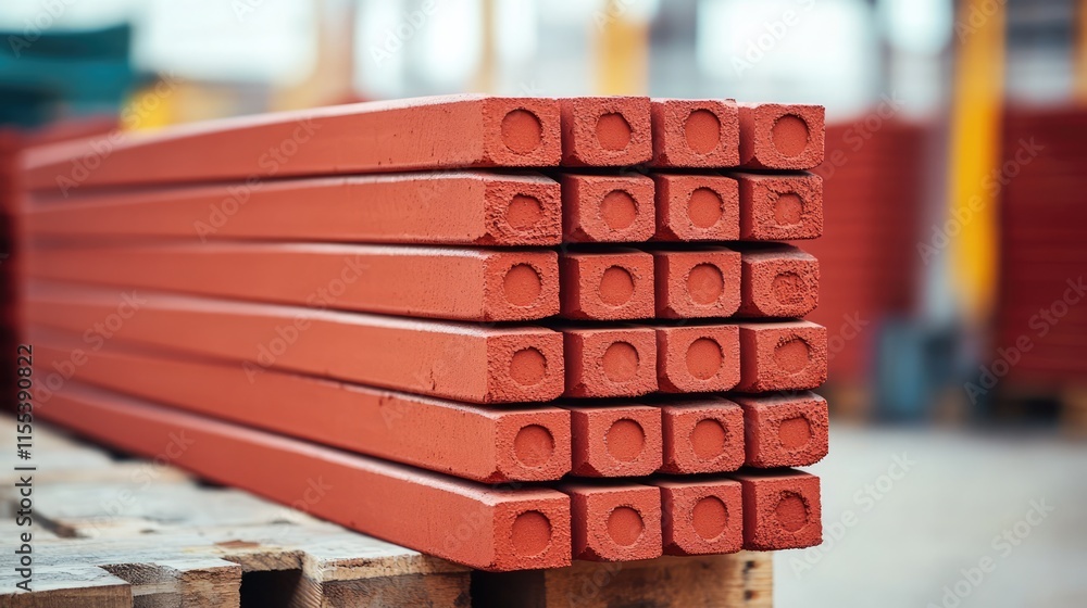 Poster stack of red bricks ready for construction use showcasing durability and quality in building materia
