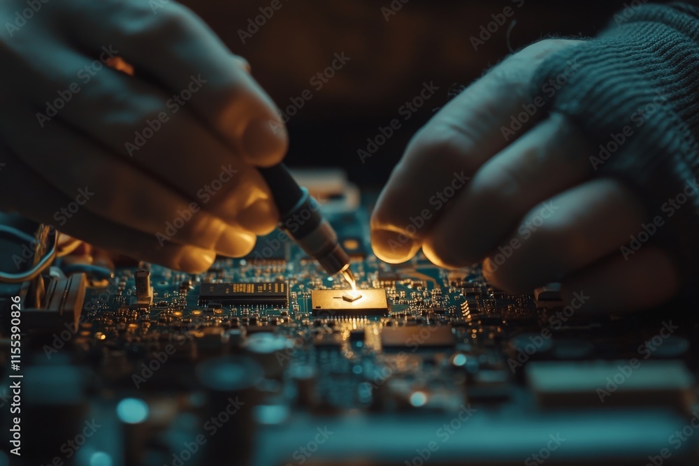 Poster skilled hands are shown delicately soldering microelectronic components, emphasizing the intricacy a