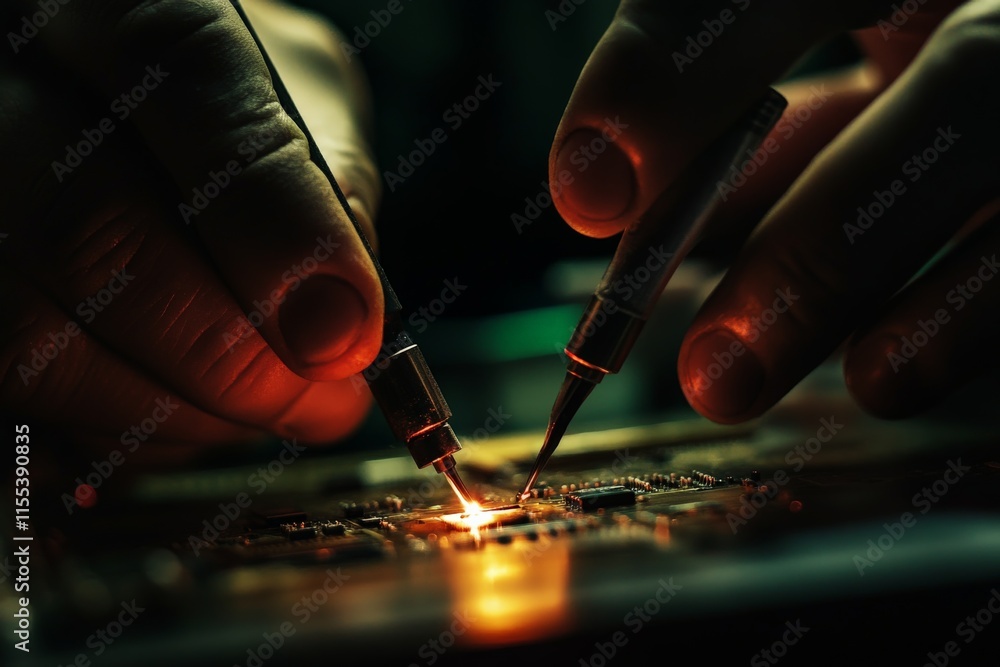 Poster detailed view of hands using a soldering tool to repair electronic components, depicting precision a