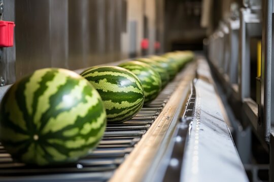 Watermelons are arranged in a neat, orderly manner on the conveyor belt, exemplifying the structured setup typical in modern food processing environments.