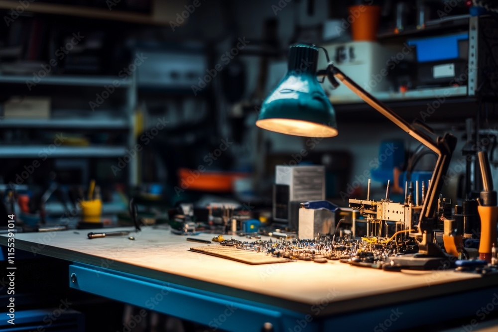 Poster A well-lit workshop table filled with various electronic components and tools, showcasing a scene of creativity, innovation, and hands-on electronic assembly work.