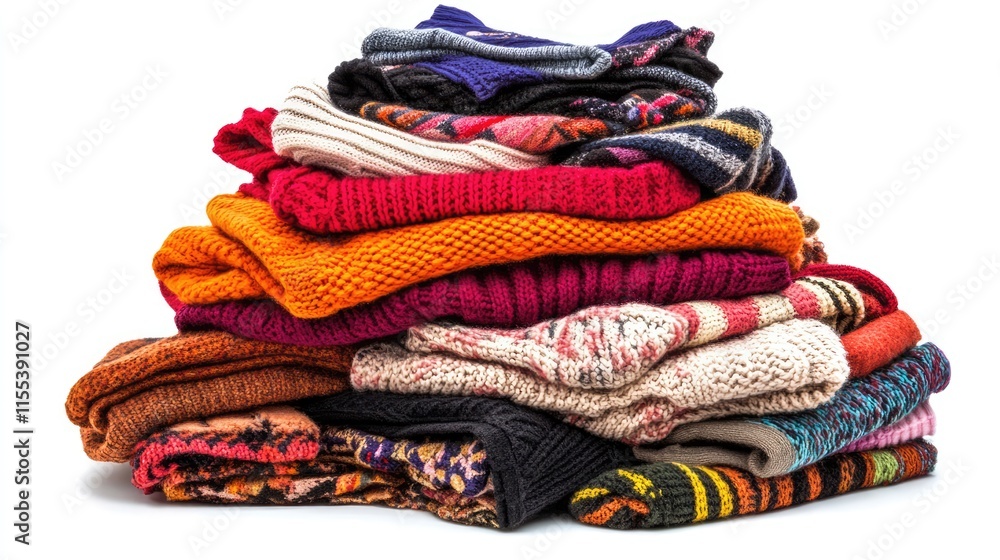 Poster colorful stack of folded sweaters showcasing various textures and patterns isolated on a white backg