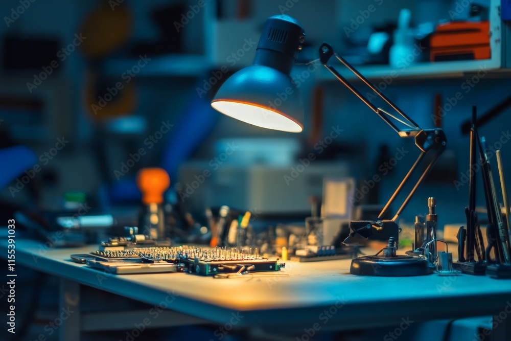 Poster This image captures a serene evening workshop scene, focusing on a lamp and various tools on a workbench, perfectly embodying the artisan spirit of creation.