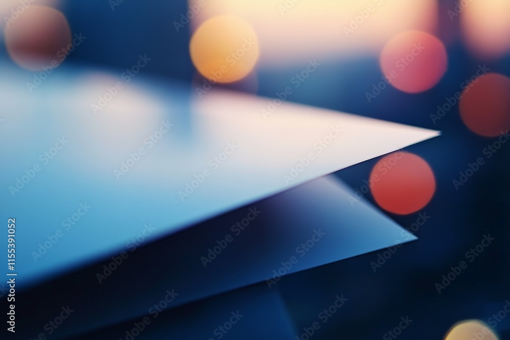 Aufkleber An abstract arrangement of blue geometric papers set against a backdrop of colorful bokeh lights, creating a modern, dynamic visual effect rich in contrasts and colors.