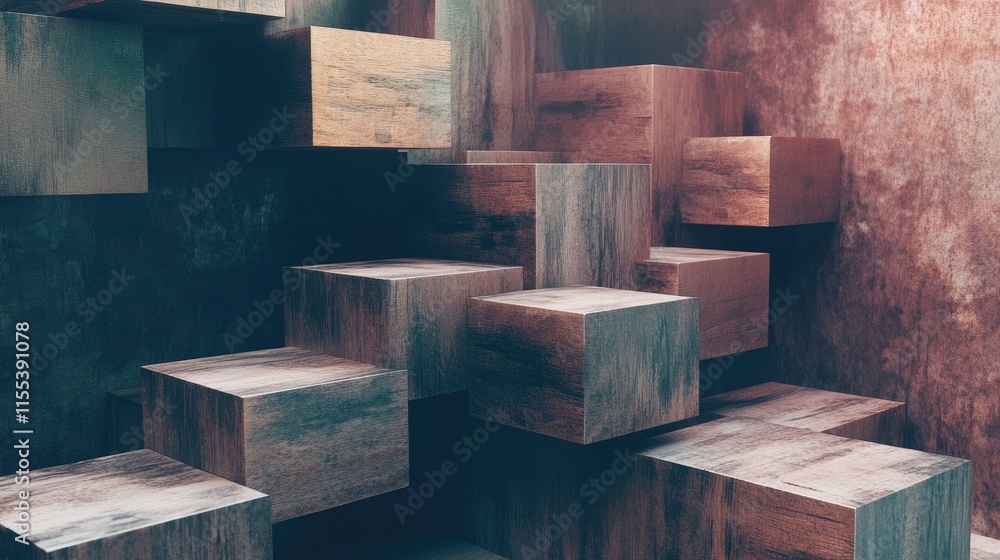 Poster wooden blocks arranged in a creative step-like formation showcasing texture and depth in a modern mi