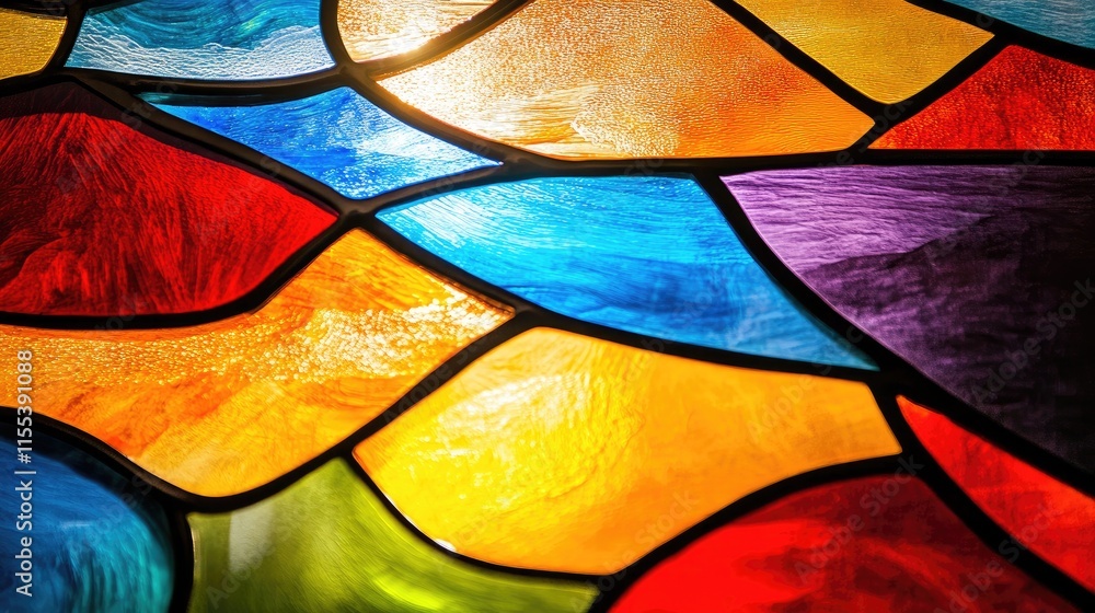 Poster vibrant stained glass pattern showcasing diverse colors and textures illuminated by light creating a
